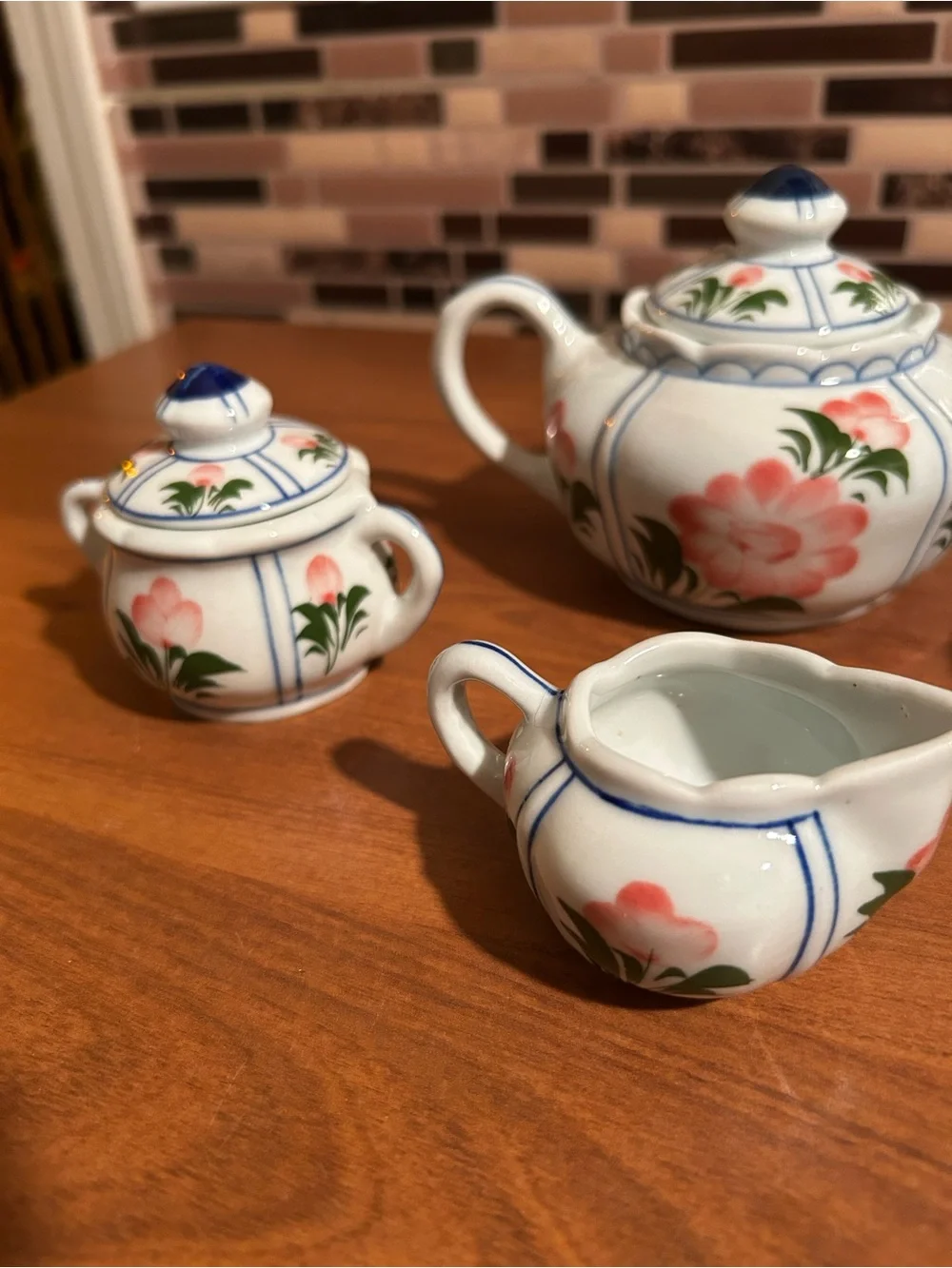 Vintage Child Size Hand-Painted Floral Tea Set - White with Pink w Green Accents